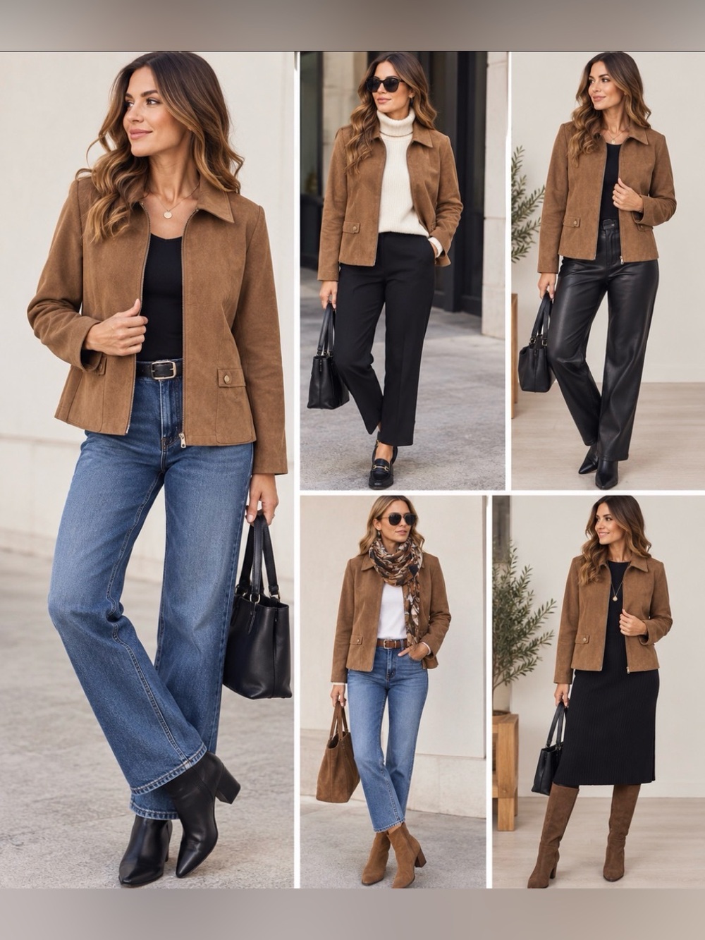 TanJay Brown Faux Suede Jacket Zip Front Utility Pockets Size 14